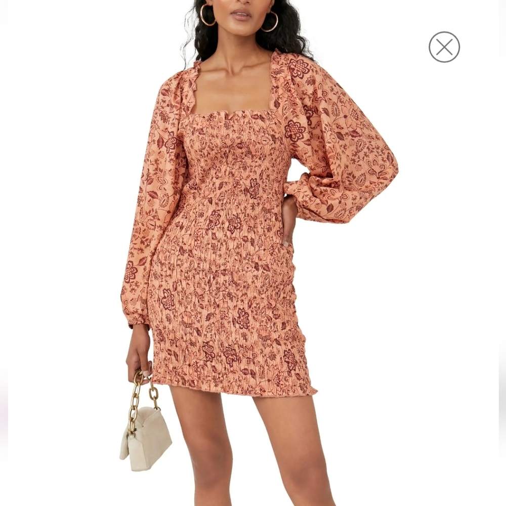 Free People Smocked It To Me Long Sleeve Mini Dress - Apricot Combo